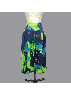 Vintage 80s Full Skirt Small Blue Green Byblos Flare